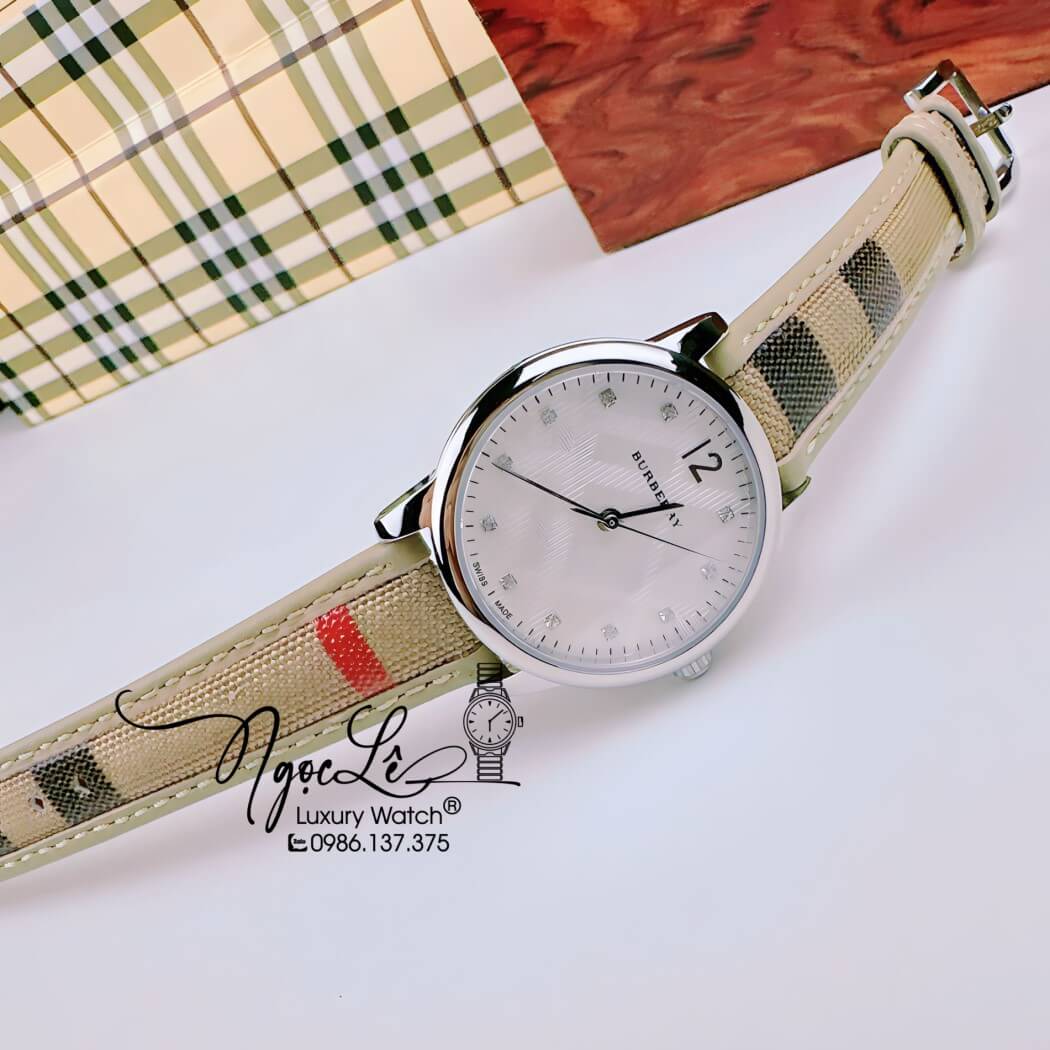 Đồng Hồ Burberry Nữ Dây Da Kẻ Sọc Caro Màu Nude Mặt Trắng Size 32mm