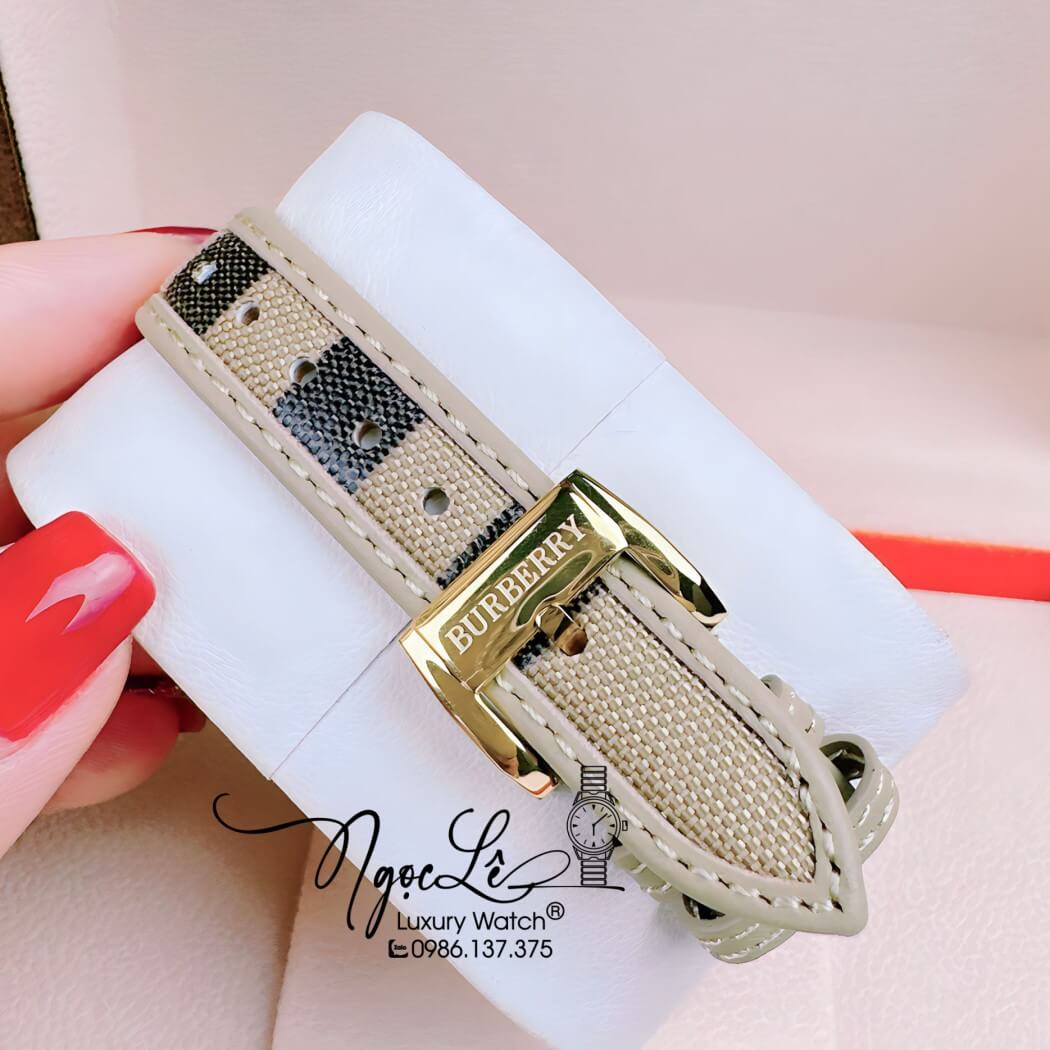 Đồng Hồ Burberry Nữ Dây Da Kẻ Sọc Caro Màu Nude Mặt Vàng Size 32mm