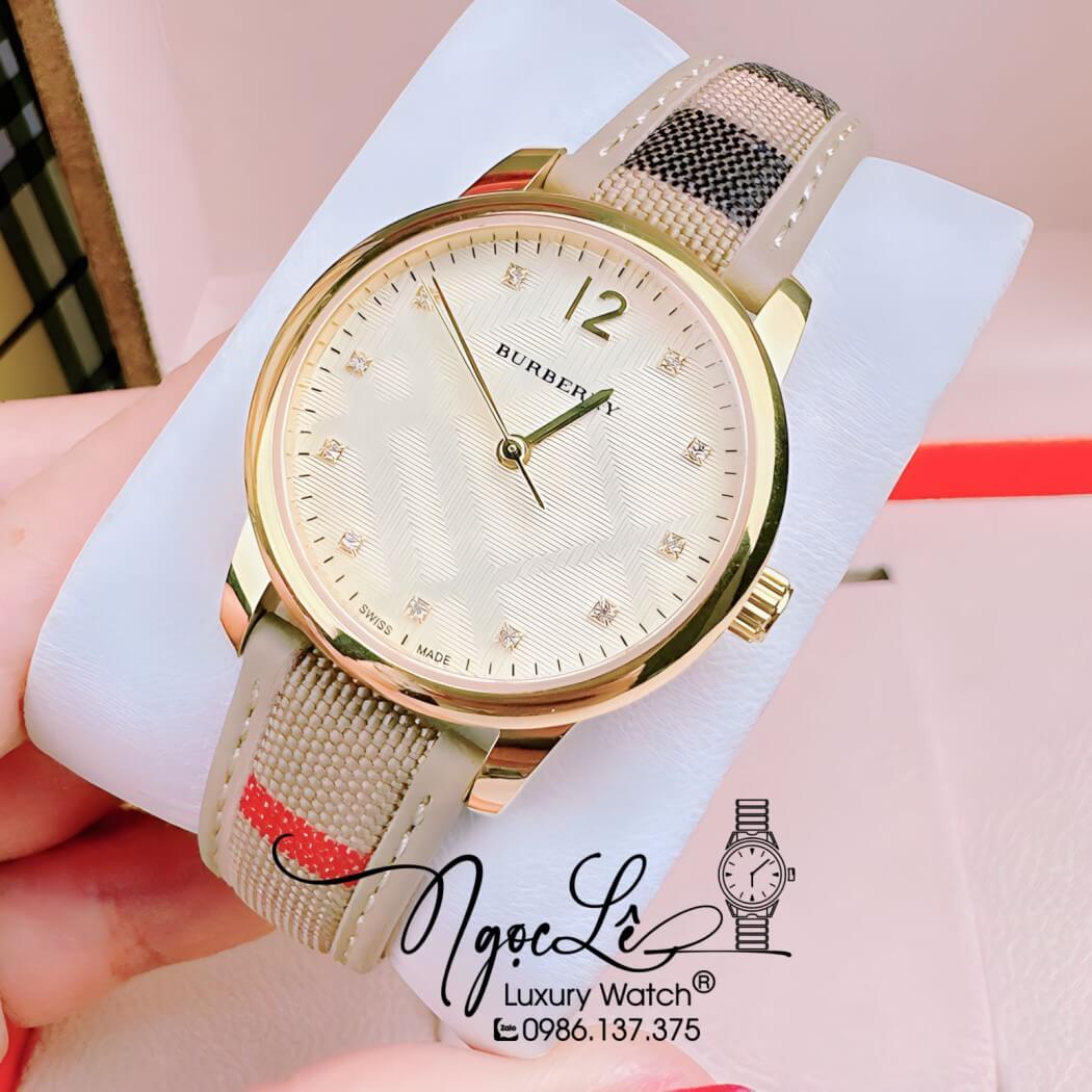 Đồng Hồ Burberry Nữ Dây Da Kẻ Sọc Caro Màu Nude Mặt Vàng Size 32mm