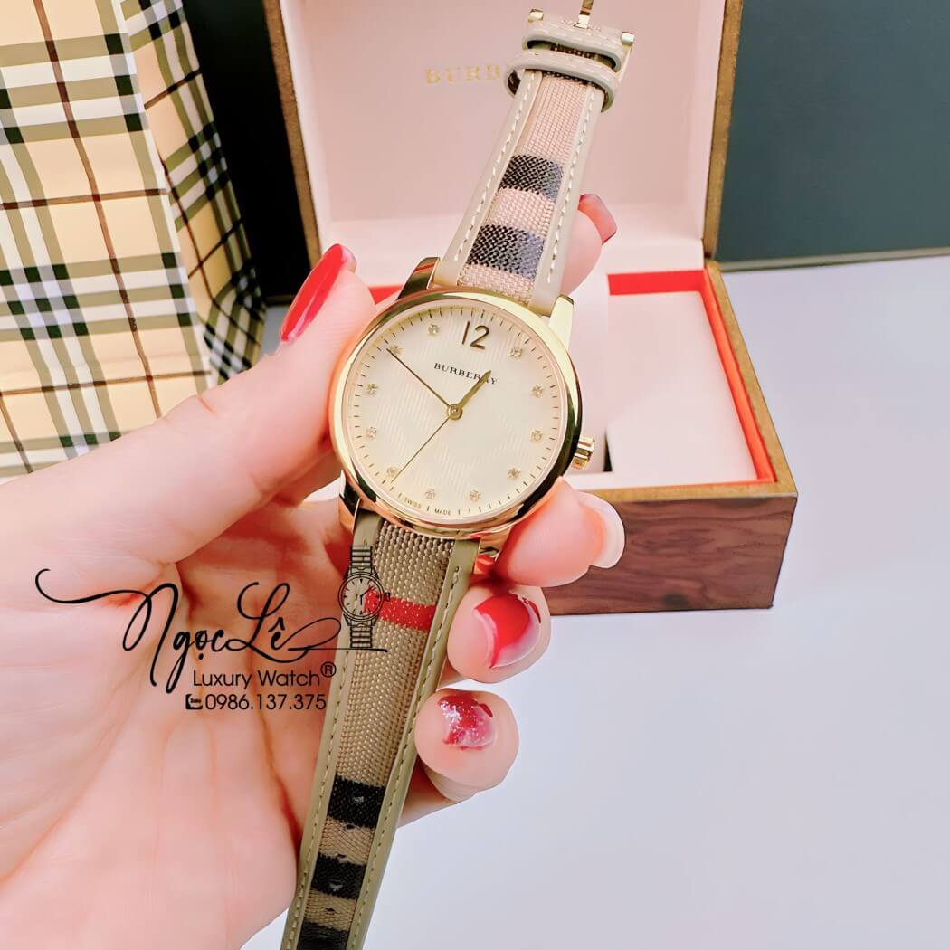 Đồng Hồ Burberry Nữ Dây Da Kẻ Sọc Caro Màu Nude Mặt Vàng Size 32mm