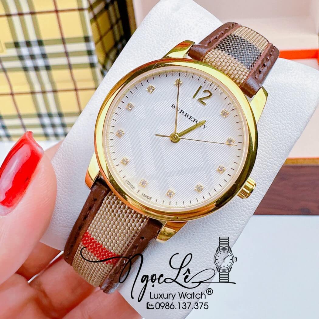 Đồng Hồ Burberry Nữ Dây Da Kẻ Sọc Caro Màu Nâu Vỏ Vàng Size 32mm