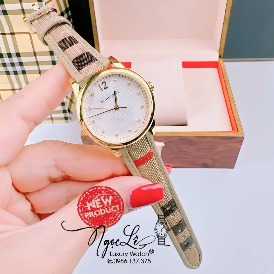 Đồng Hồ Burberry Nữ Dây Da Kẻ Sọc Caro Màu Nude Vỏ Vàng Size 32mm