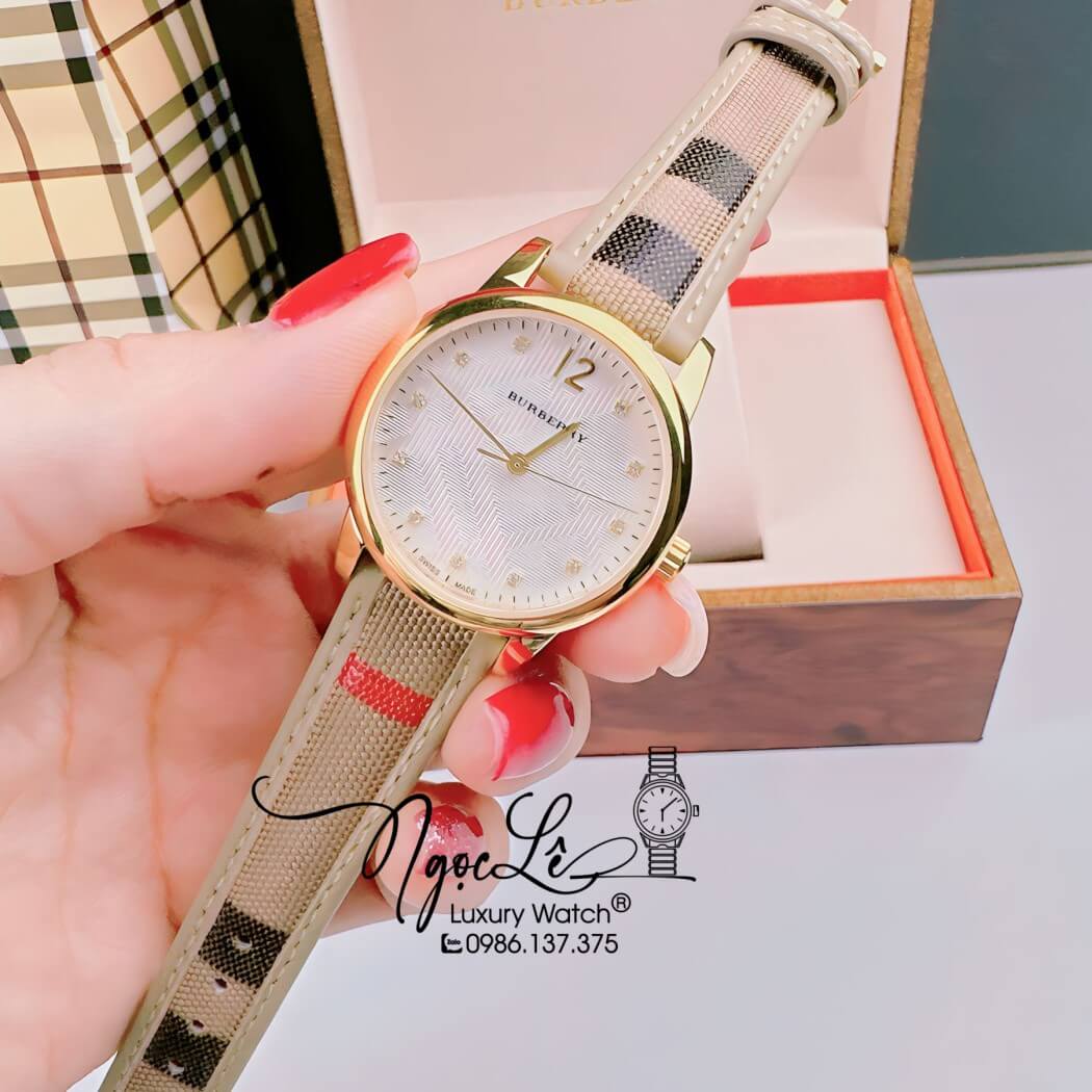 Đồng Hồ Burberry Nữ Dây Da Kẻ Sọc Caro Màu Nude Vỏ Vàng Size 32mm