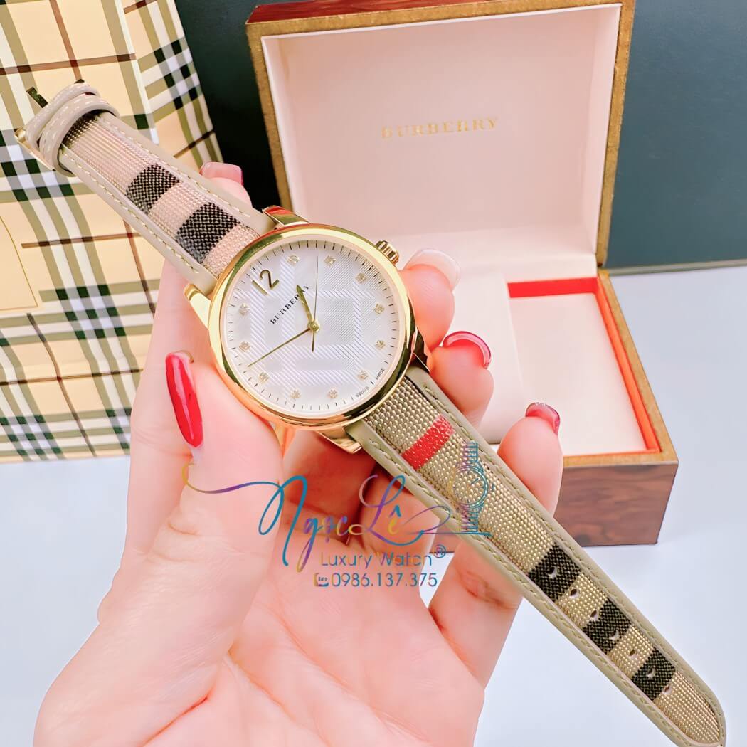 Đồng Hồ Burberry Nữ Dây Da Kẻ Sọc Caro Màu Nude Vỏ Vàng Size 32mm