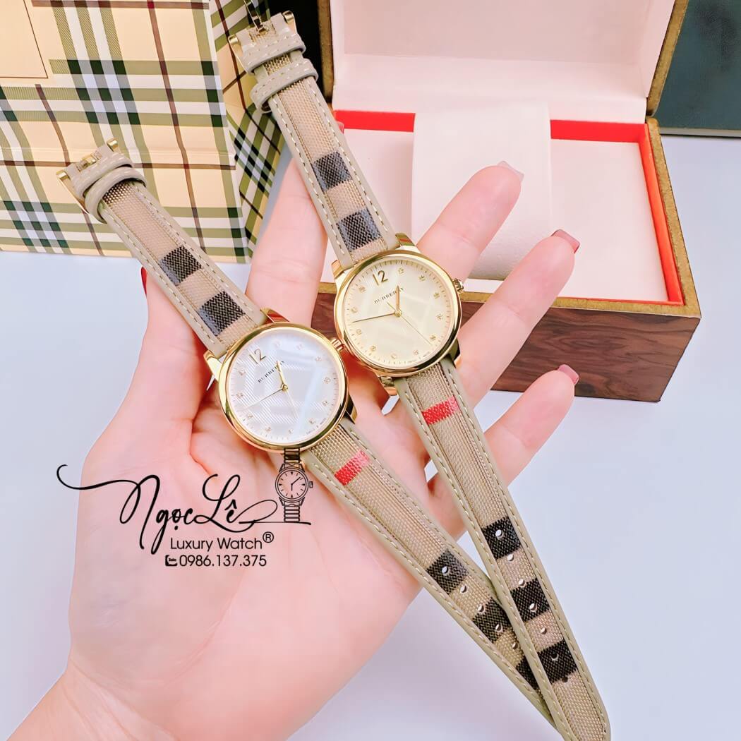 Đồng Hồ Burberry Nữ Dây Da Kẻ Sọc Caro Màu Nude Mặt Vàng Size 32mm