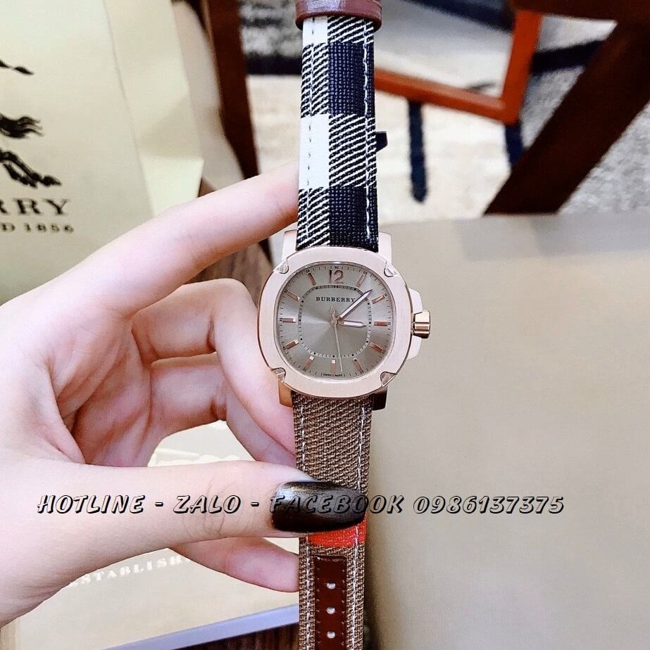 Đồng Hồ Burberry Nữ Dây Da Caro Mặt Vuông 35mm