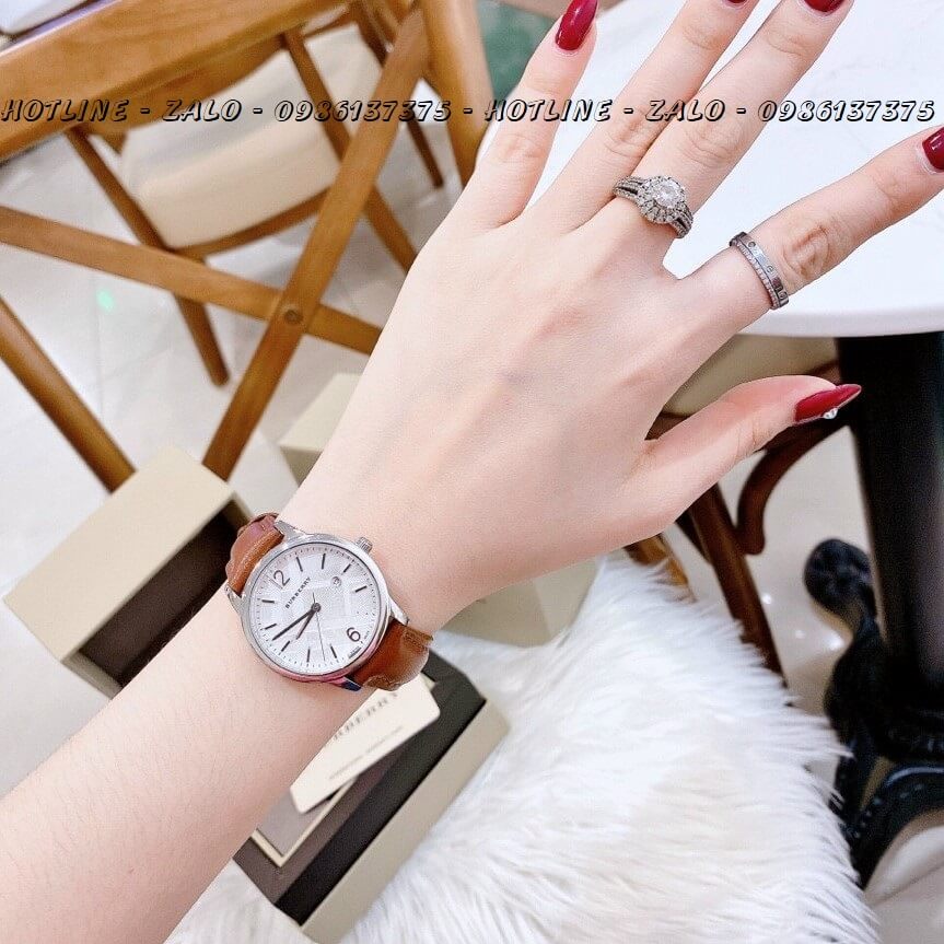 Đồng Hồ Burberry Nữ Dây Da Nâu Silver 32mm