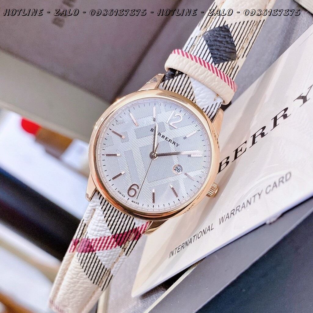 Đồng Hồ Burberry Nữ Dây Da Caro Nude Rose Gold 32mm