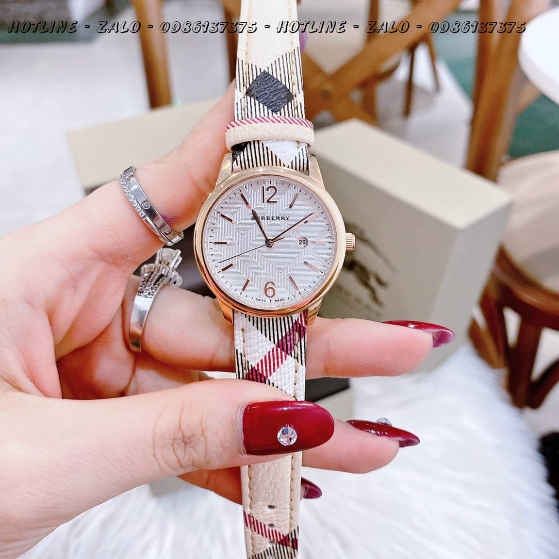 Đồng Hồ Burberry Nữ Dây Da Caro Nude Rose Gold 32mm