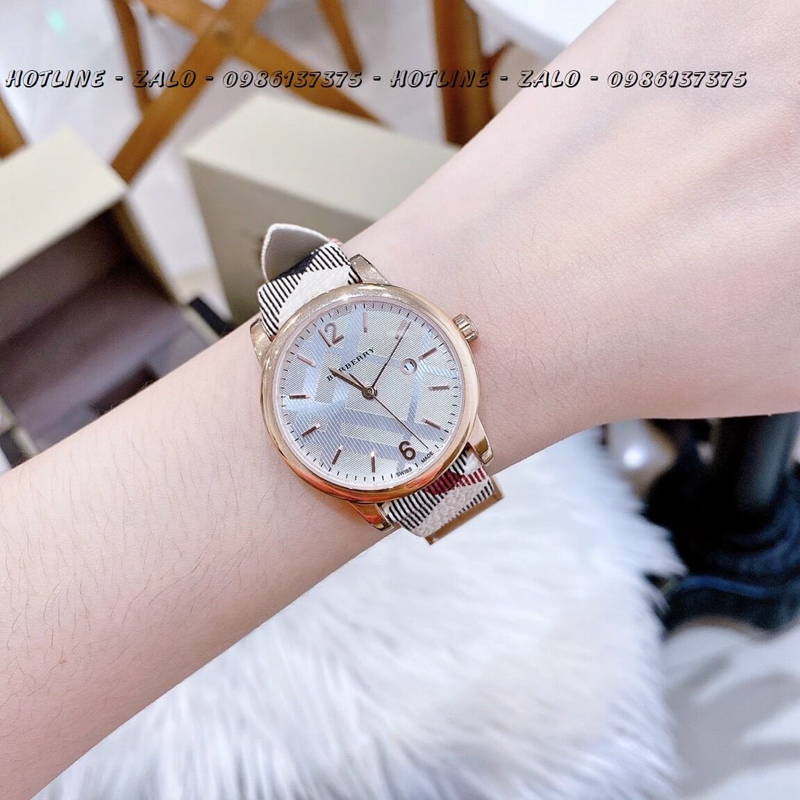 Đồng Hồ Burberry Nữ Dây Da Caro Nude Rose Gold 32mm