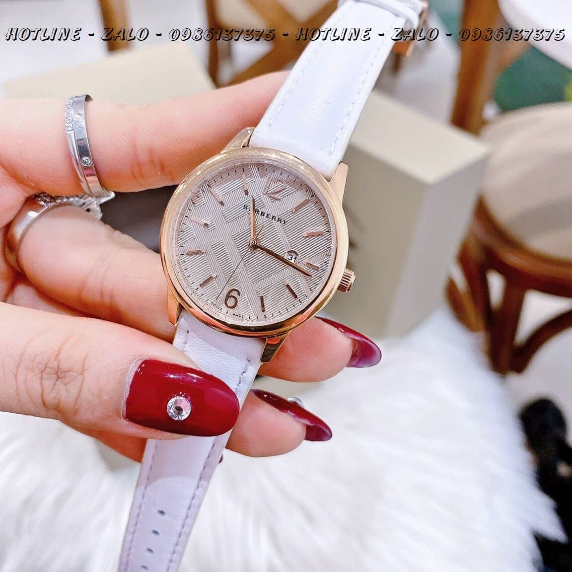 Đồng Hồ Burberry Nữ Dây Da Trắng Rose Gold 32mm