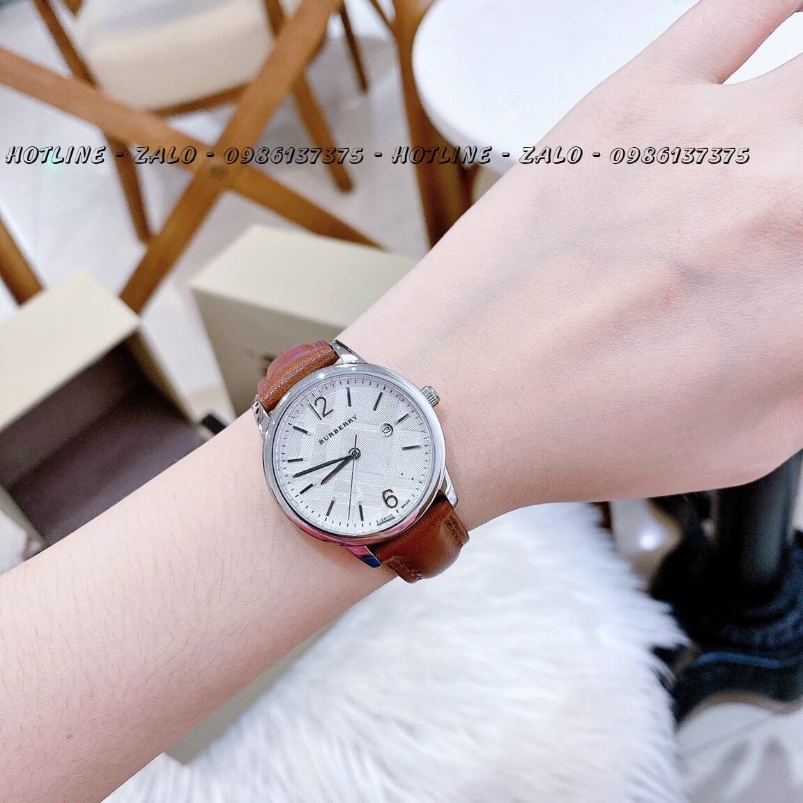 Đồng Hồ Burberry Nữ Dây Da Nâu Silver 32mm