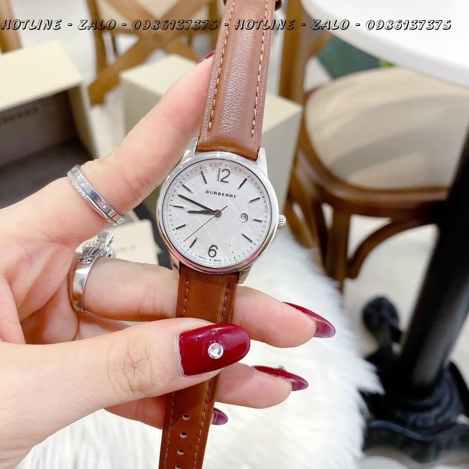 Đồng Hồ Burberry Nữ Dây Da Nâu Silver 32mm