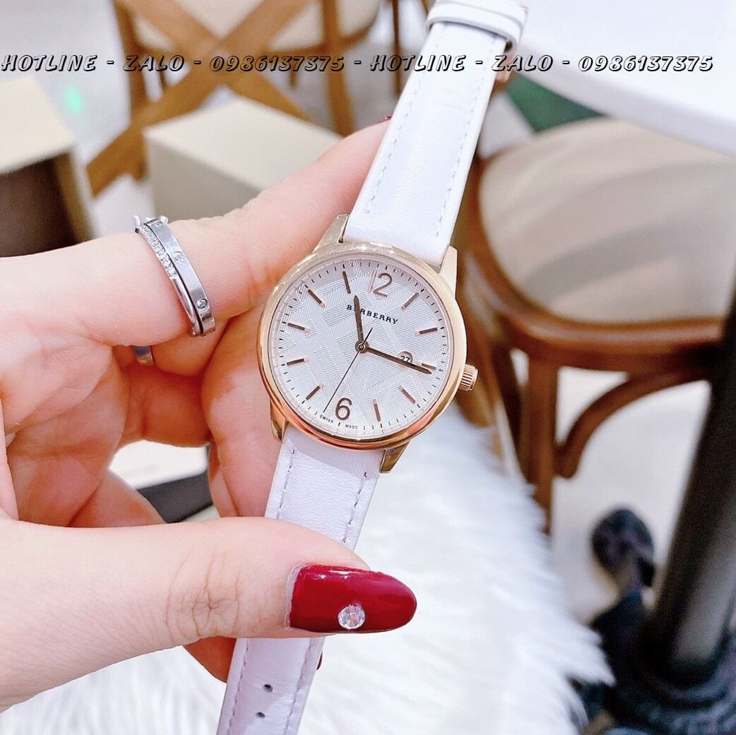 Đồng Hồ Burberry Nữ Dây Da Trắng Viền Rose Gold 32mm