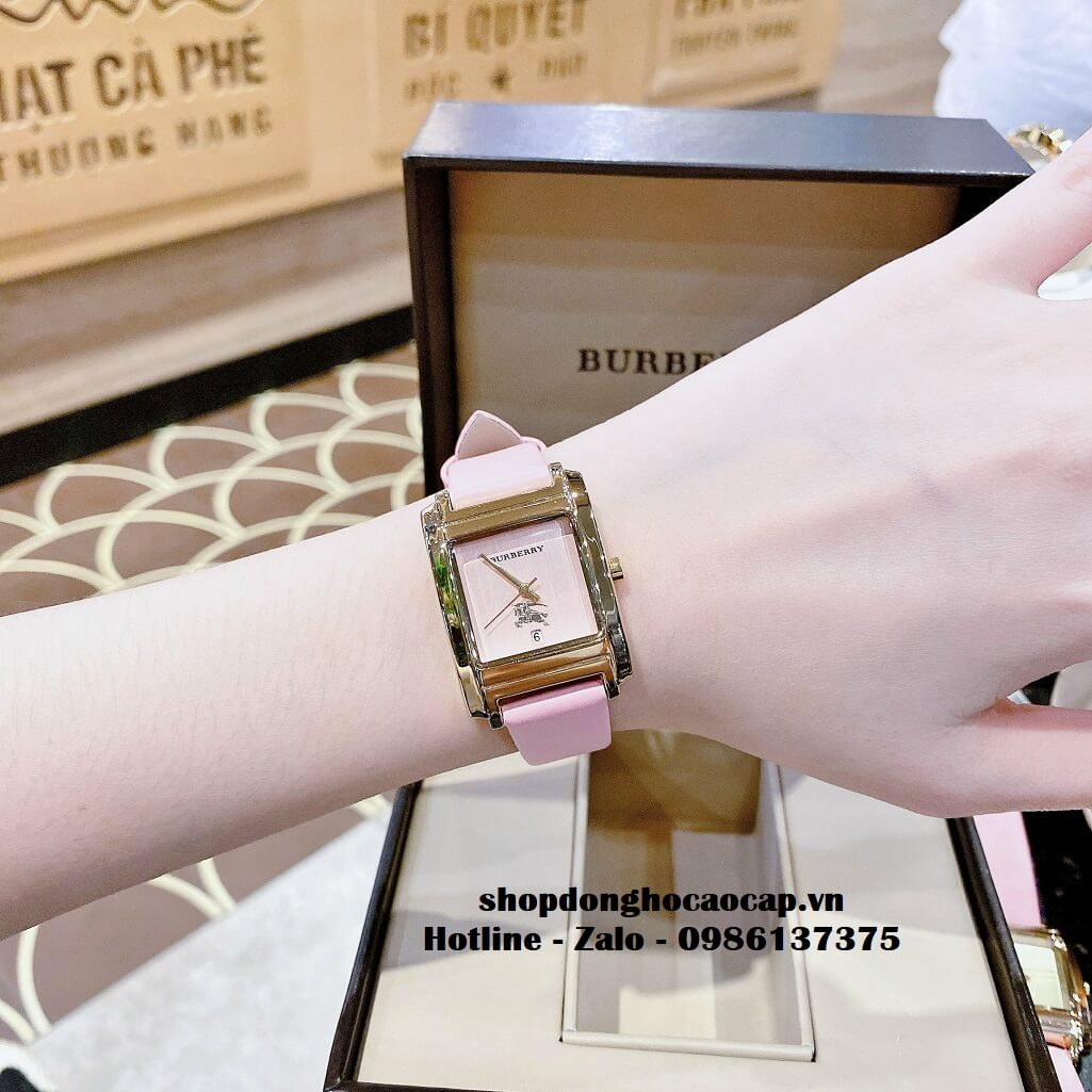 Đồng Hồ Burberry Nữ Dây Da Hồng Cao Cấp Mặt Vuông Vỏ Gold