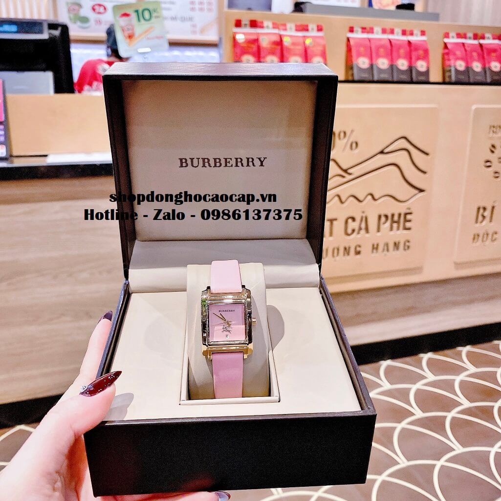 Đồng Hồ Burberry Nữ Dây Da Hồng Cao Cấp Mặt Vuông Vỏ Gold