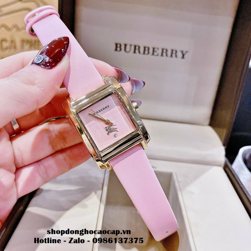 Đồng Hồ Burberry Nữ Dây Da Hồng Cao Cấp Mặt Vuông Vỏ Gold