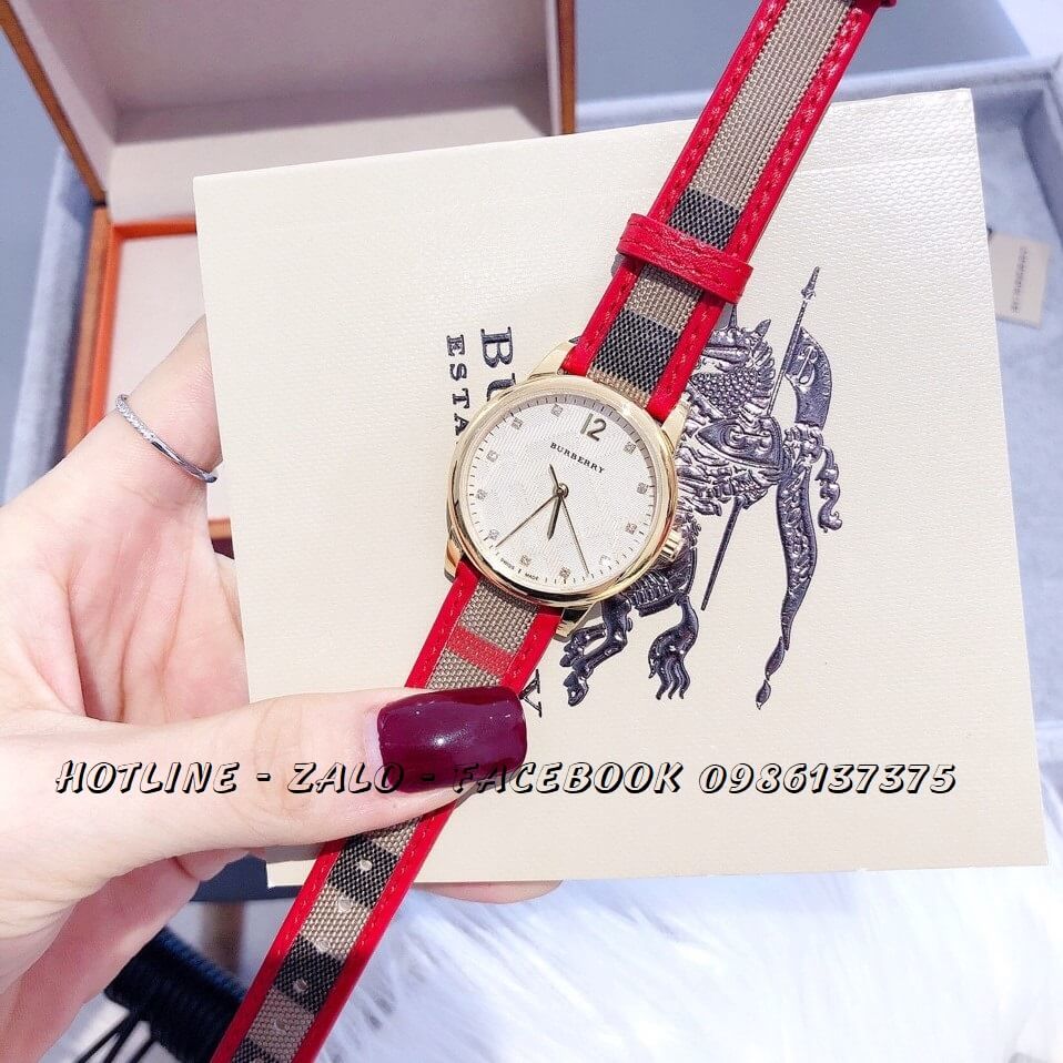 Đồng Hồ Burberry Nữ Dây Da Caro 32mm Mặt Trắng Vàng