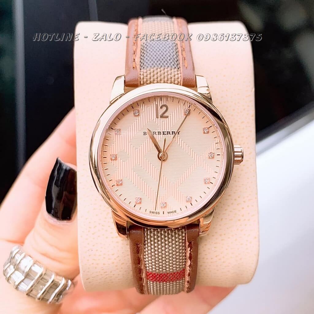 Đồng Hồ Burberry Nữ Dây Da Caro Nâu 32mm Rose Gold