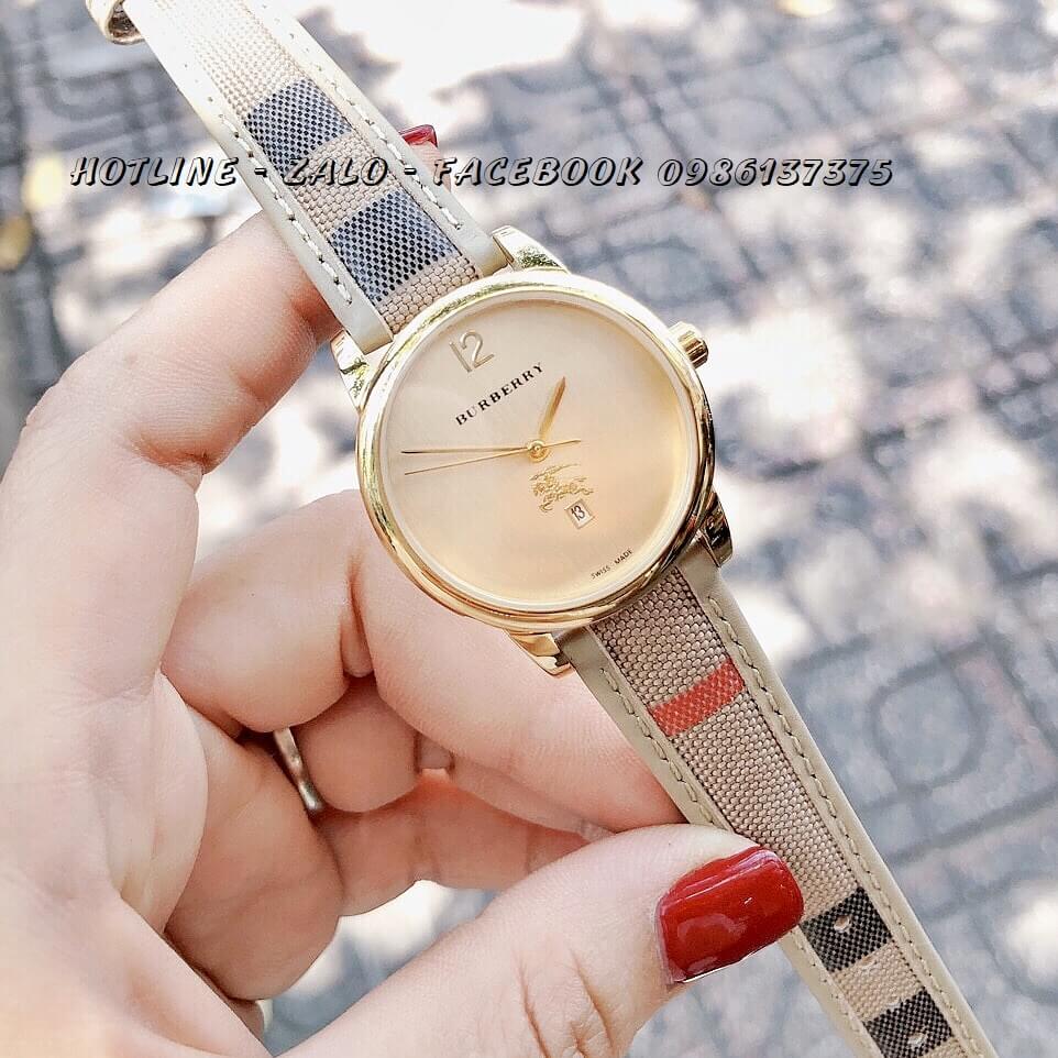 Đồng Hồ Burberry Nữ Dây Da Caro Nude 33mm Gold