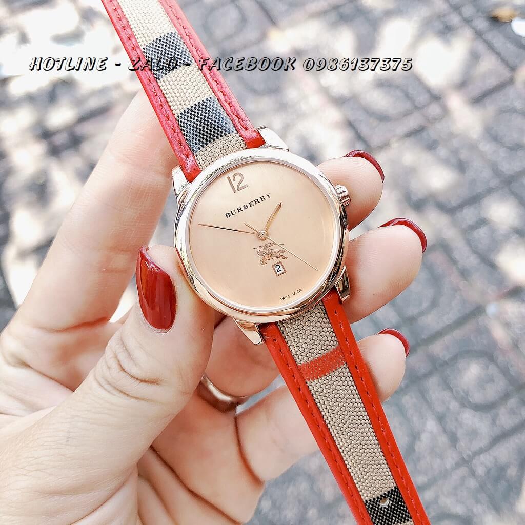 Đồng Hồ Burberry Nữ Dây Da Caro Đỏ 33mm Gold