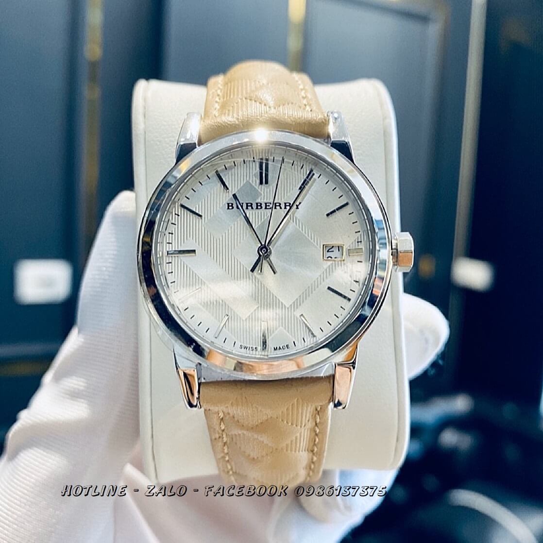 Đồng Hồ Burberry Nữ Dây Da Nude Gân Mặt Vạch 34mm Silver