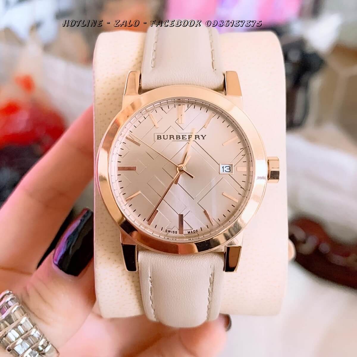 Đồng Hồ Burberry Nữ Dây Da Nude Mặt Gạch 34mm Rose Gold