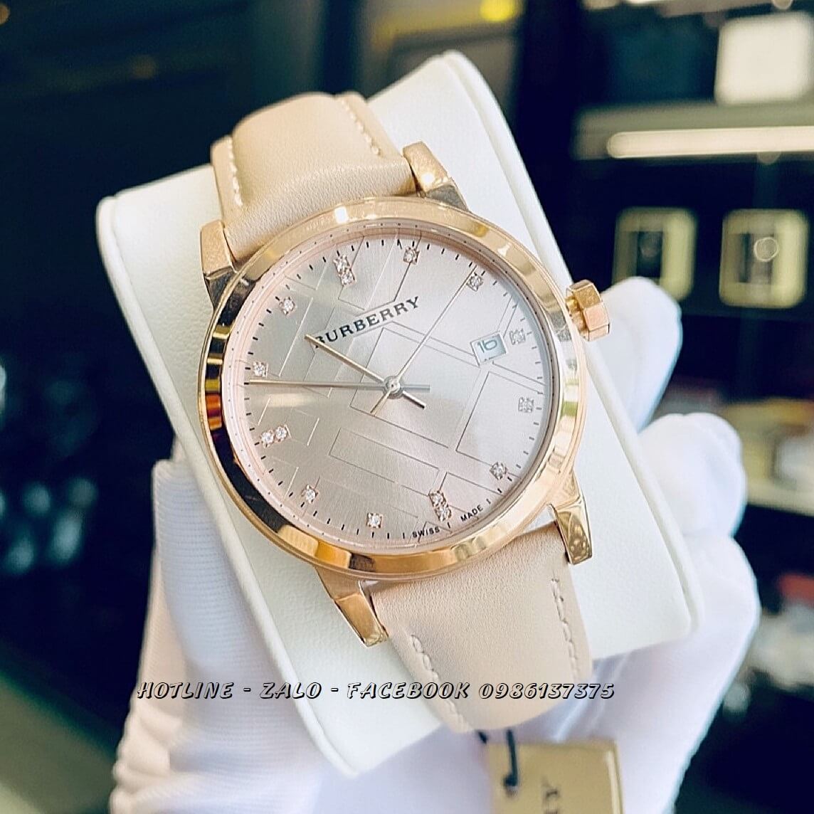 Đồng Hồ Burberry Nữ Dây Da Nude Mặt Hột 34mm Rose Gold