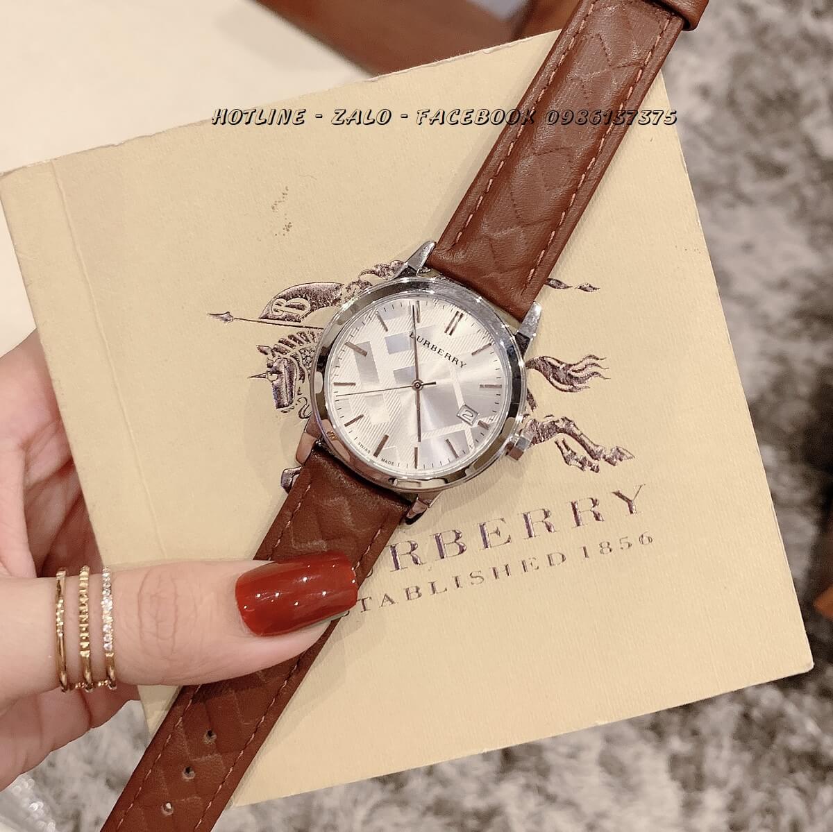 Đồng Hồ Burberry Nữ Dây Da Nâu Gân 34mm Silver