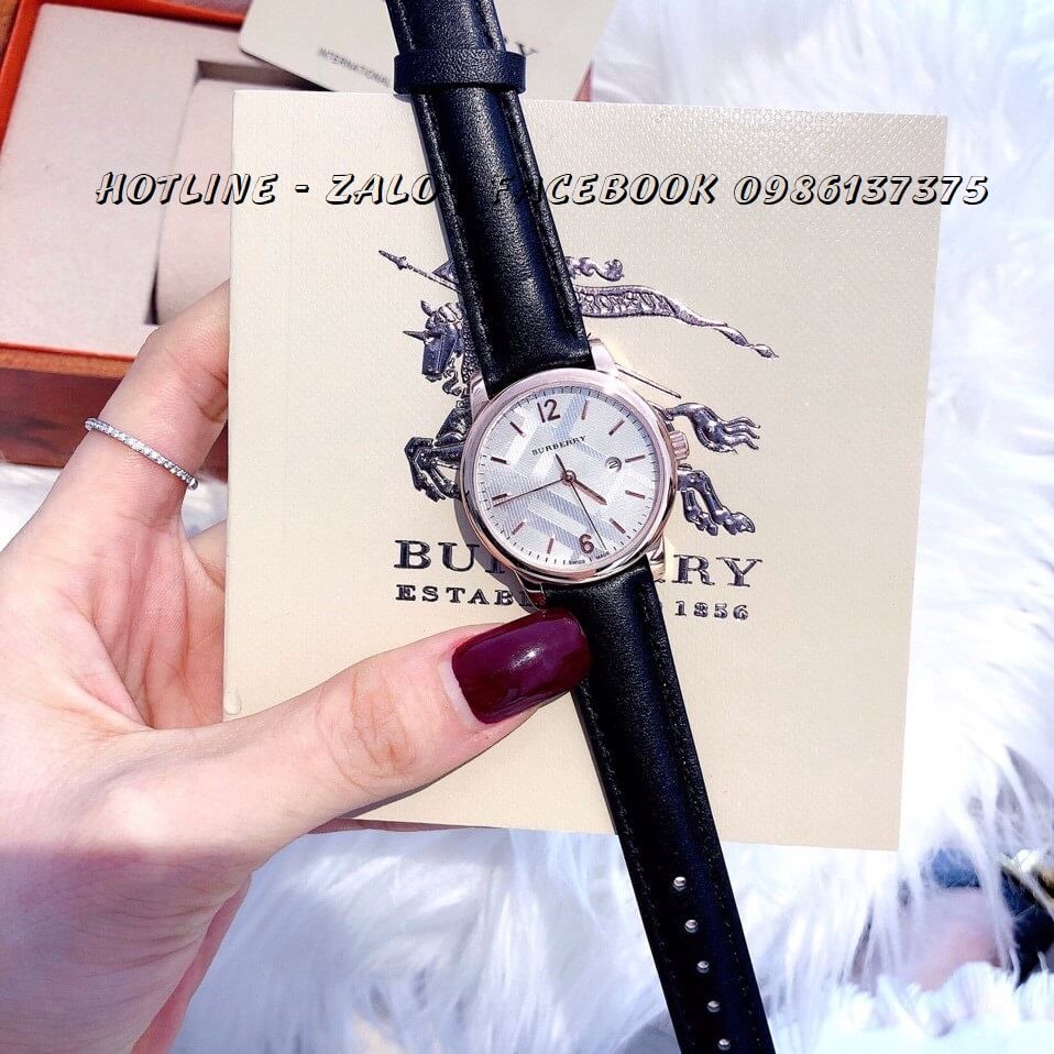 Đồng Hồ Burberry Nữ Dây Da Đen 32mm Mặt Vàng Hồng