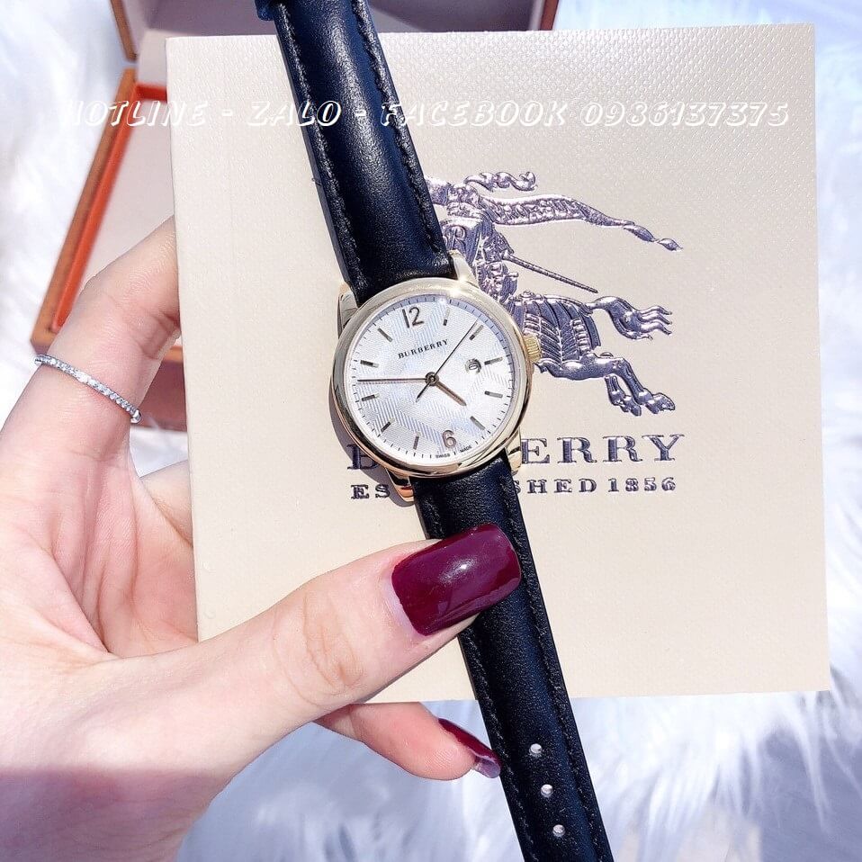 Đồng Hồ Burberry Nữ Dây Da Đen 32mm Mặt Vàng