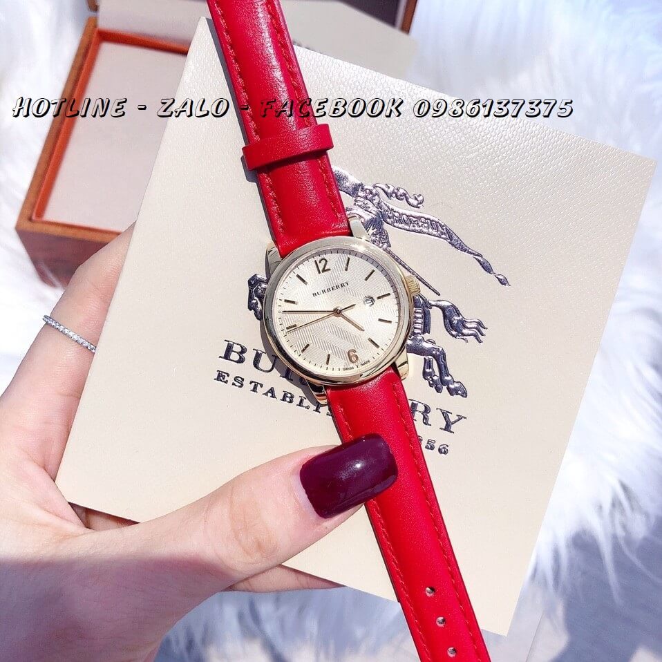 Đồng Hồ Burberry Nữ Dây Da Đỏ 32mm Mặt Vàng