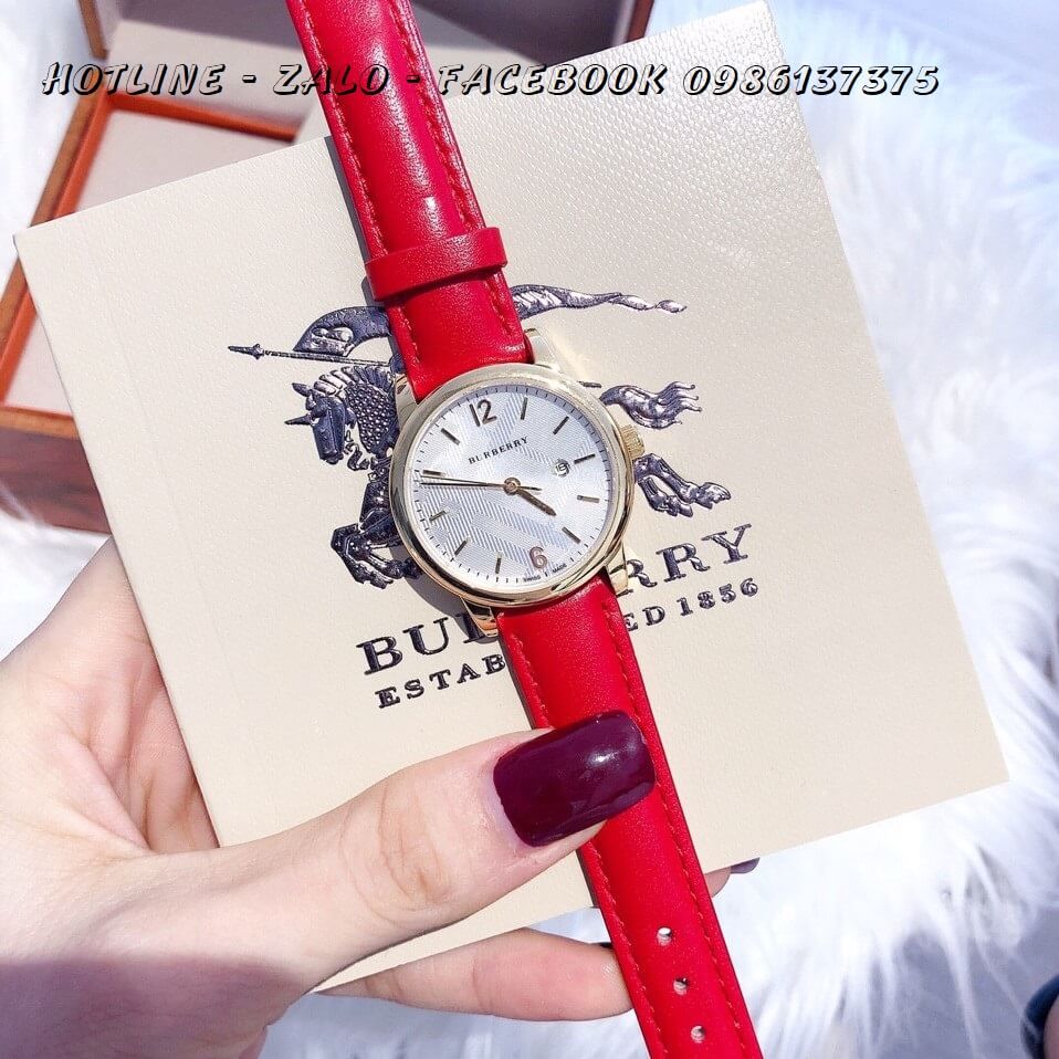 Đồng Hồ Burberry Nữ Dây Da Đỏ 32mm Mặt Trắng Viền Vàng