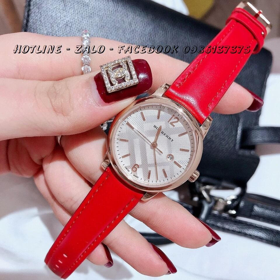 Đồng Hồ Burberry Nữ Dây Da Đỏ 32mm Mặt Trắng Hồng