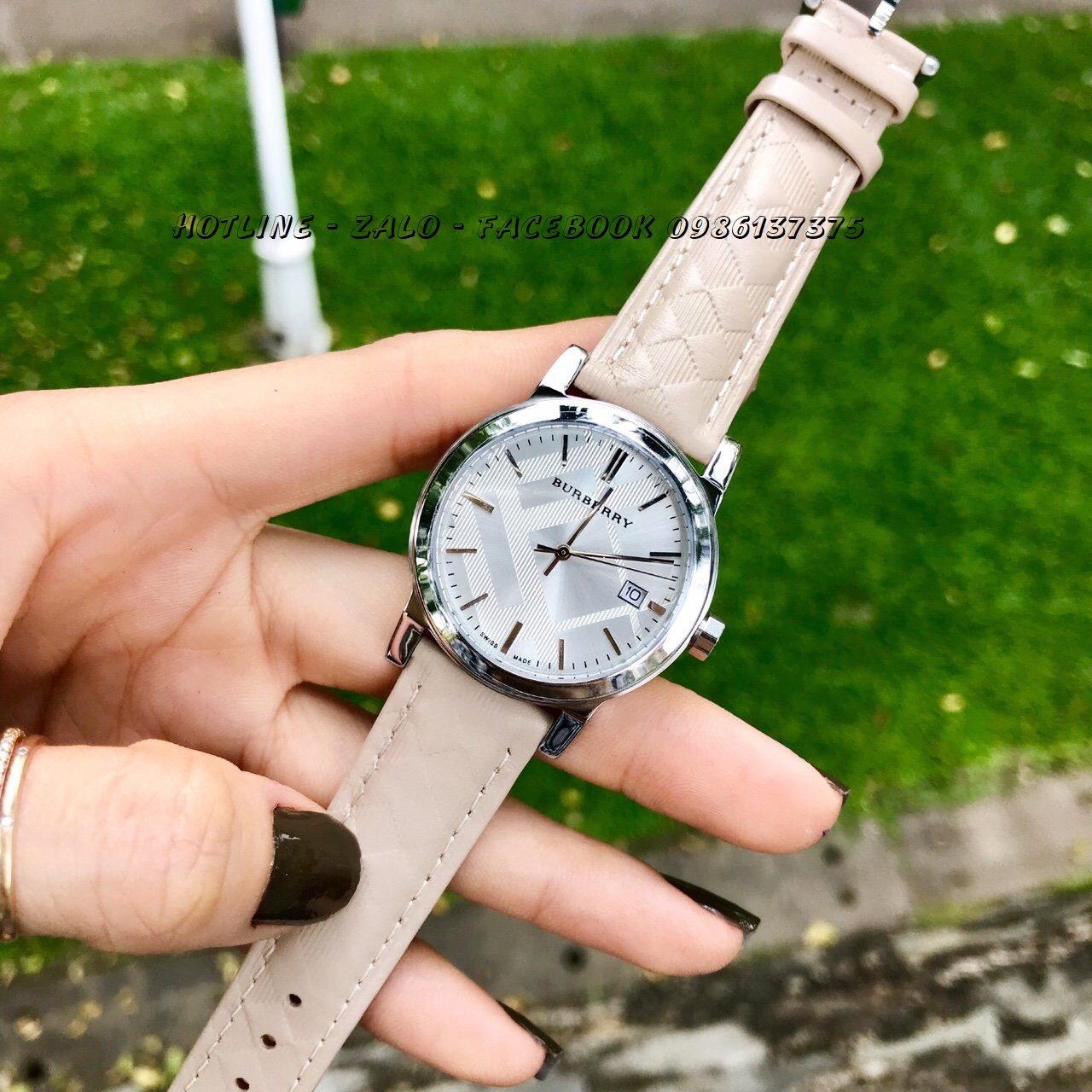 Đồng Hồ Burberry Nữ Dây Da Nude Gân 34mm Silver