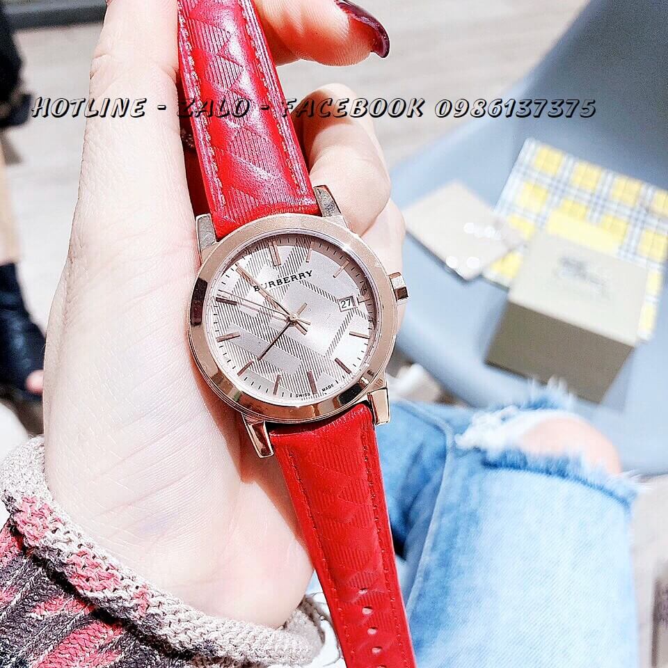 Đồng Hồ Burberry Nữ Dây Da Đỏ Gân 34mm Rose Gold