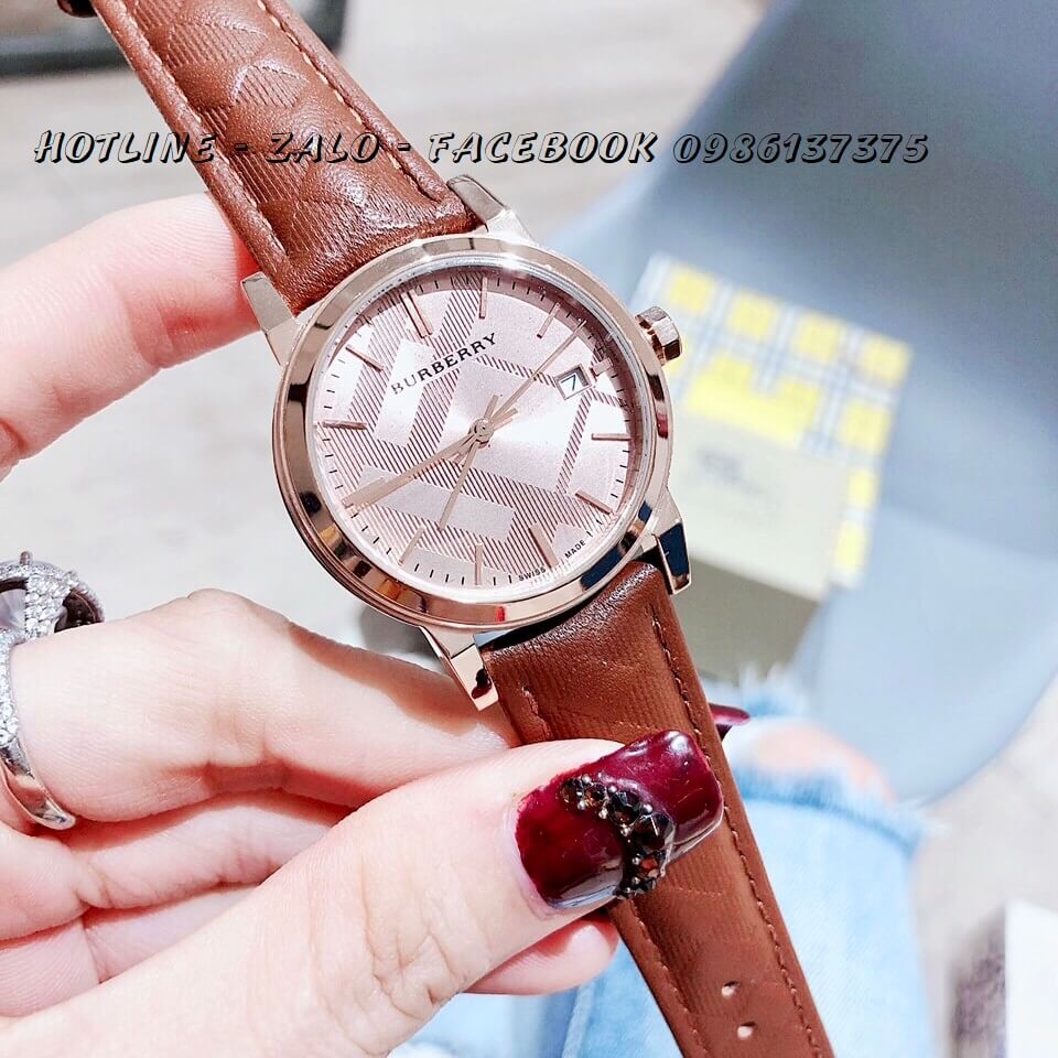 Đồng Hồ Burberry Nữ Dây Da Nâu Gân 34mm Rose Gold