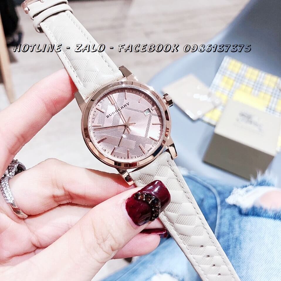 Đồng Hồ Burberry Nữ Dây Da Nude Gân 34mm Rose Gold