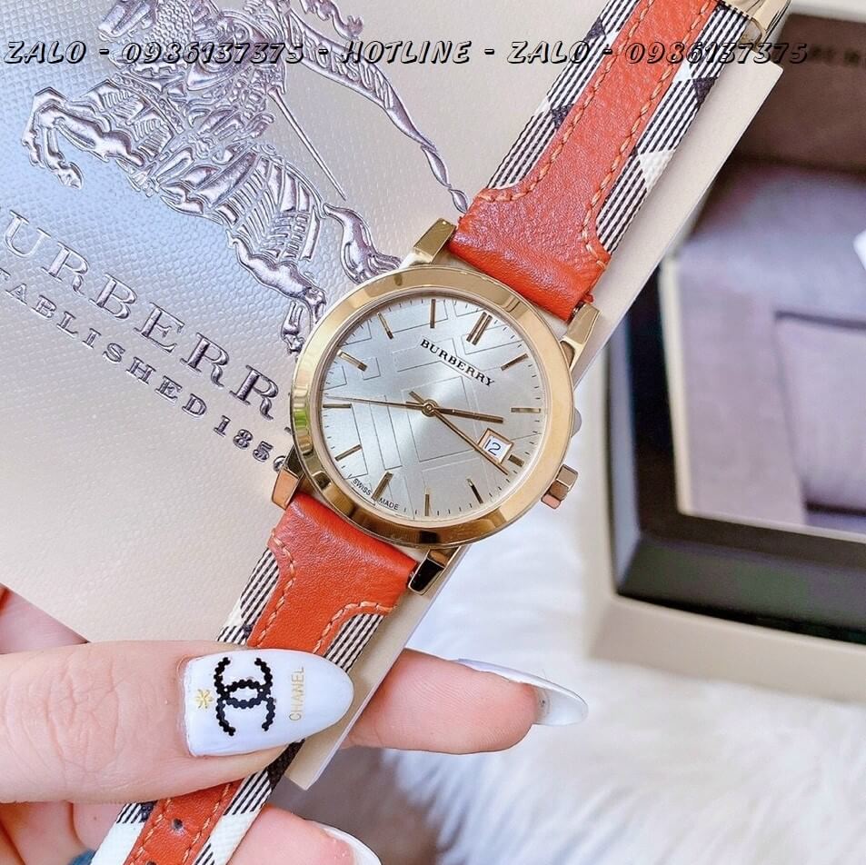 Đồng Hồ Burberry Nữ Dây Da Cam Bọc Caro Gold Cao Cấp