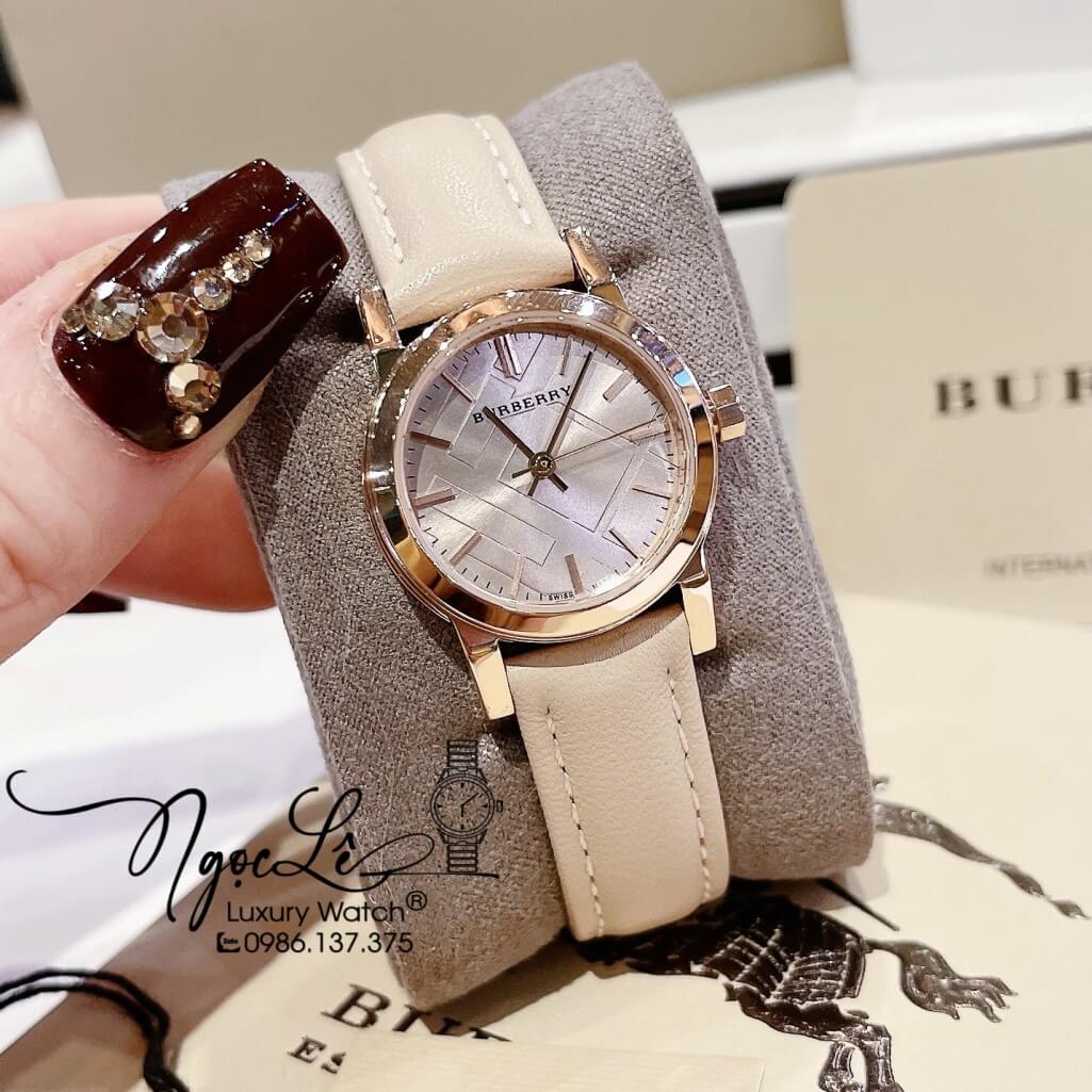 Đồng Hồ Burberry Nữ Dây Da Màu Nude Vỏ Rose Mặt Vạch Cao Cấp 28mm