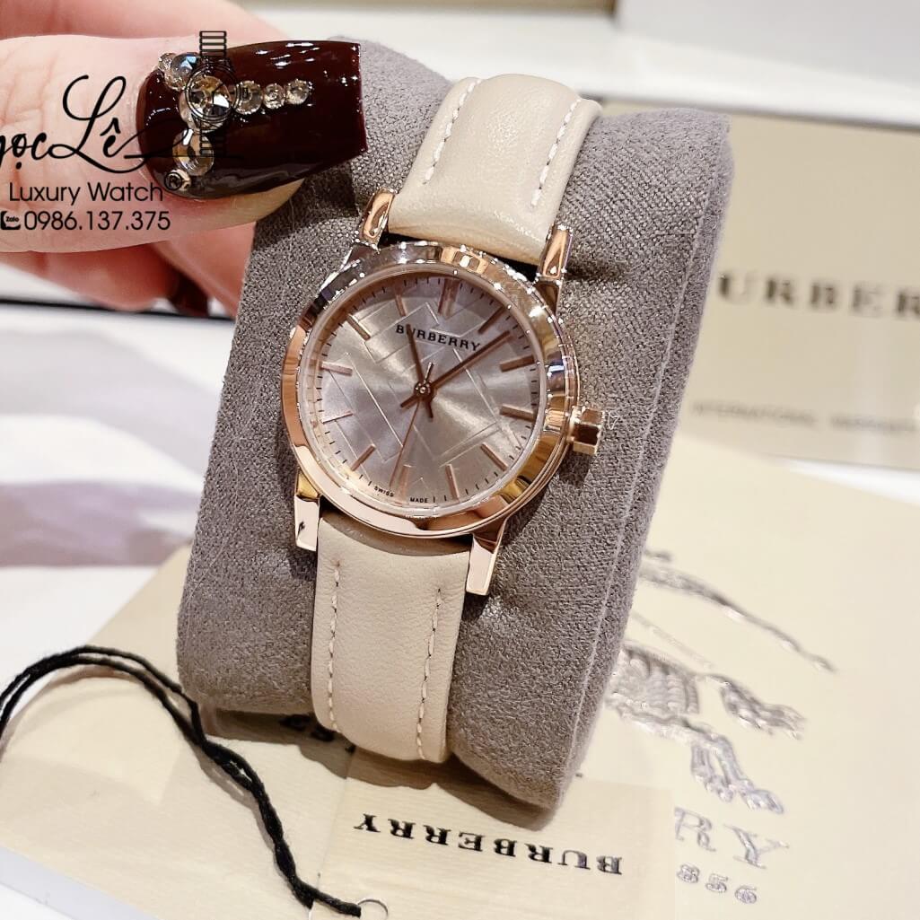 Đồng Hồ Burberry Nữ Dây Da Màu Nude Vỏ Rose Mặt Vạch Cao Cấp 28mm