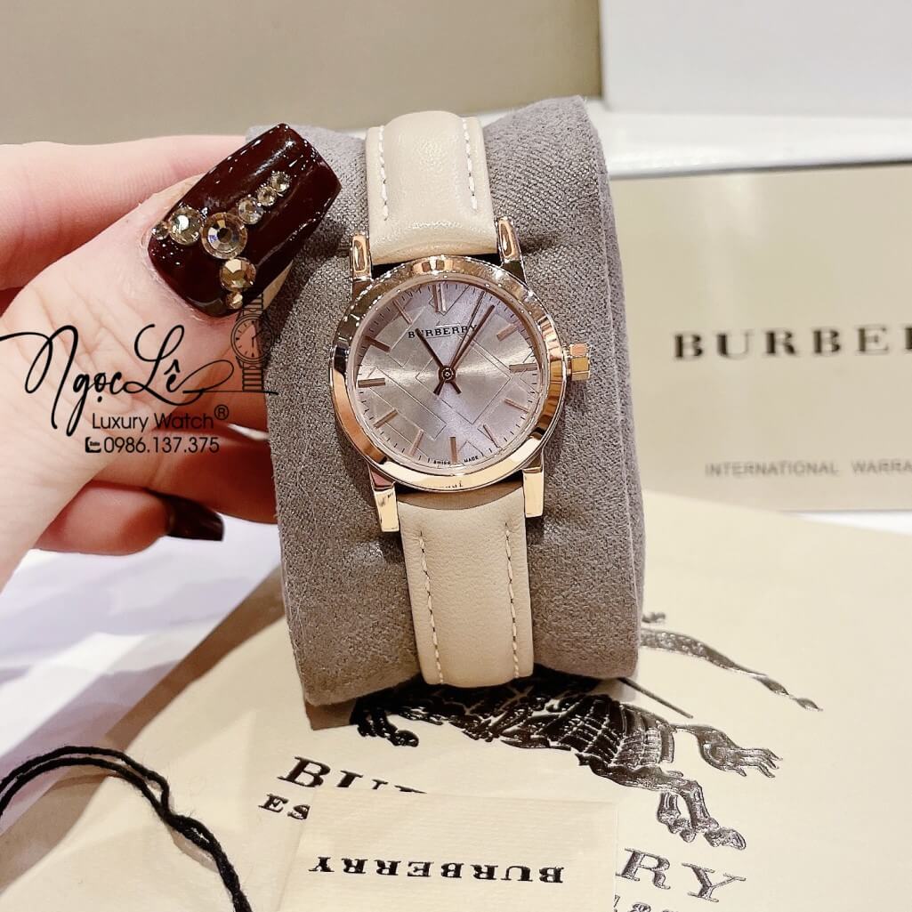 Đồng Hồ Burberry Nữ Dây Da Màu Nude Vỏ Rose Mặt Vạch Cao Cấp 28mm