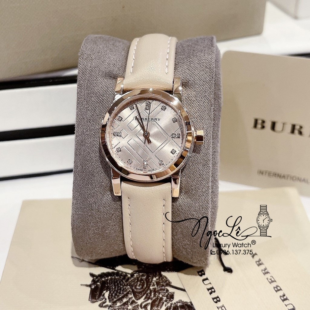 Đồng Hồ Burberry Nữ Dây Da Màu Nude Vỏ Rose Mặt Hột Cao Cấp 28mm