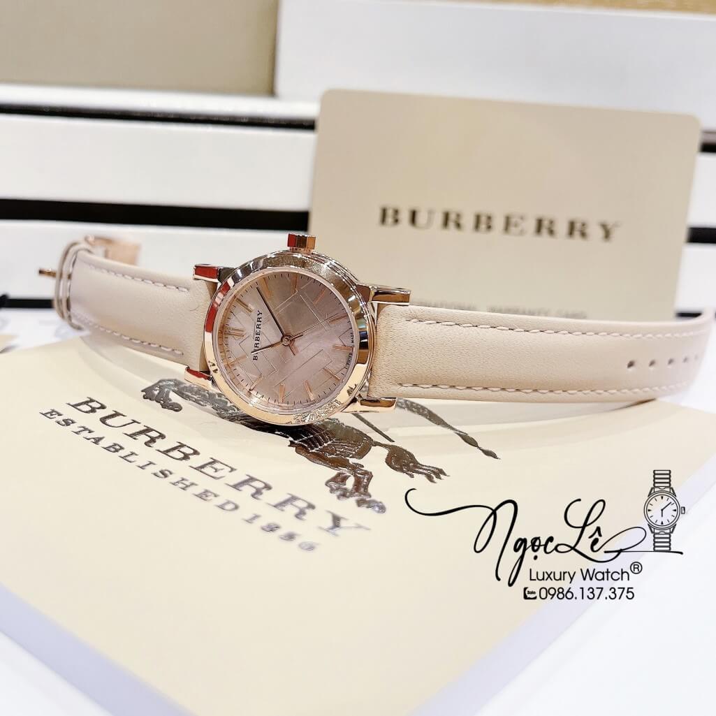 Đồng Hồ Burberry Nữ Dây Da Màu Nude Vỏ Rose Mặt Vạch Cao Cấp 28mm