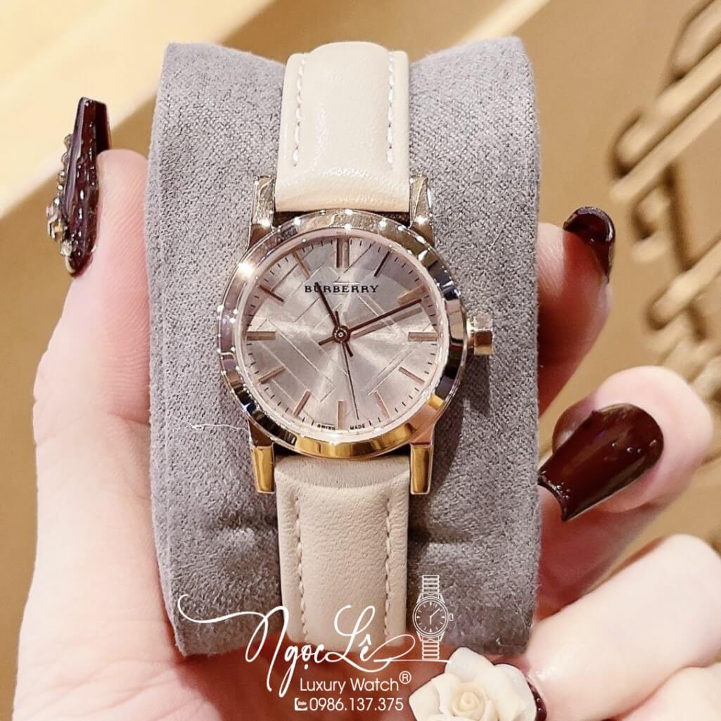 Đồng Hồ Burberry Nữ Dây Da Màu Nude Vỏ Rose Mặt Vạch Cao Cấp 28mm