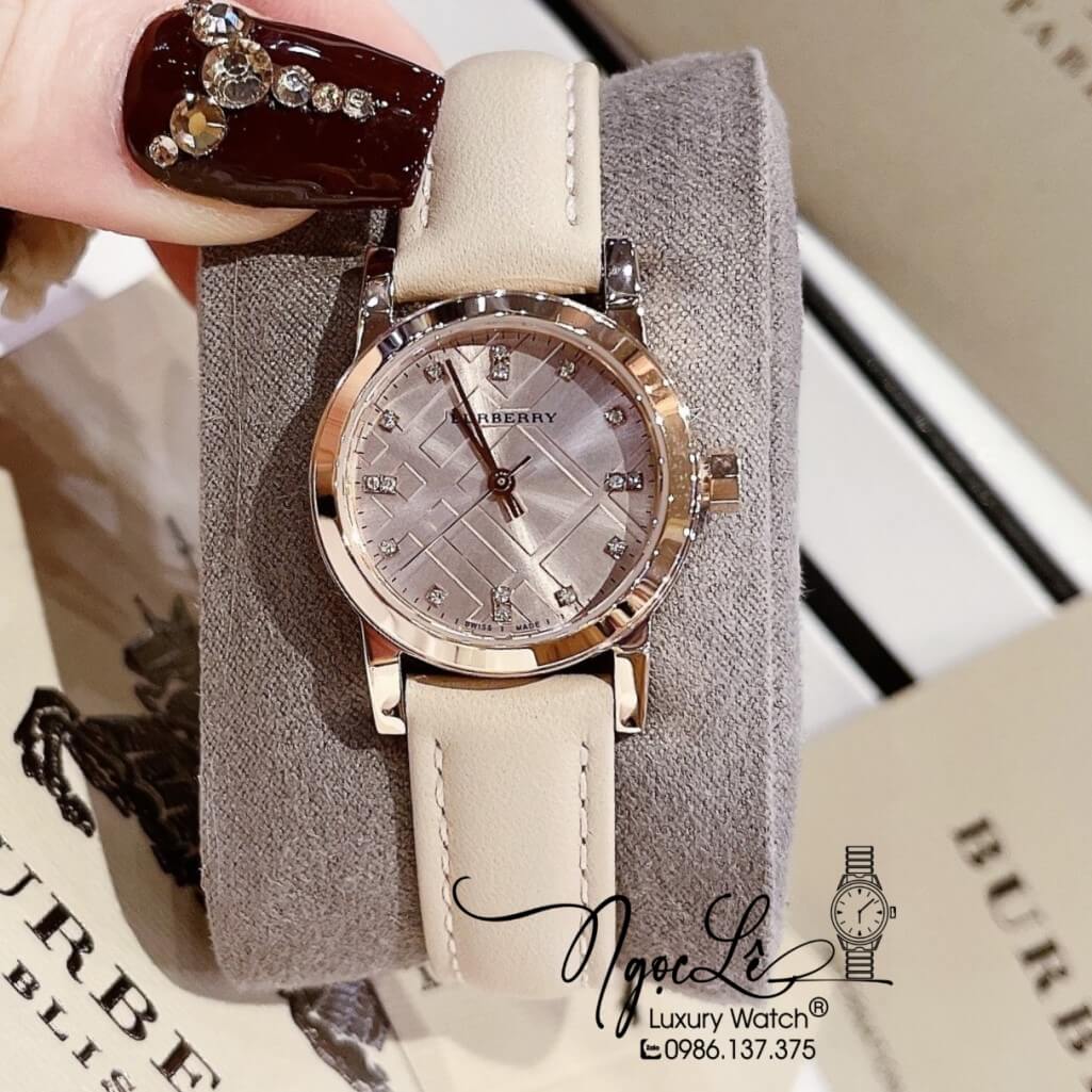 Đồng Hồ Burberry Nữ Dây Da Màu Nude Vỏ Rose Mặt Hột Cao Cấp 28mm