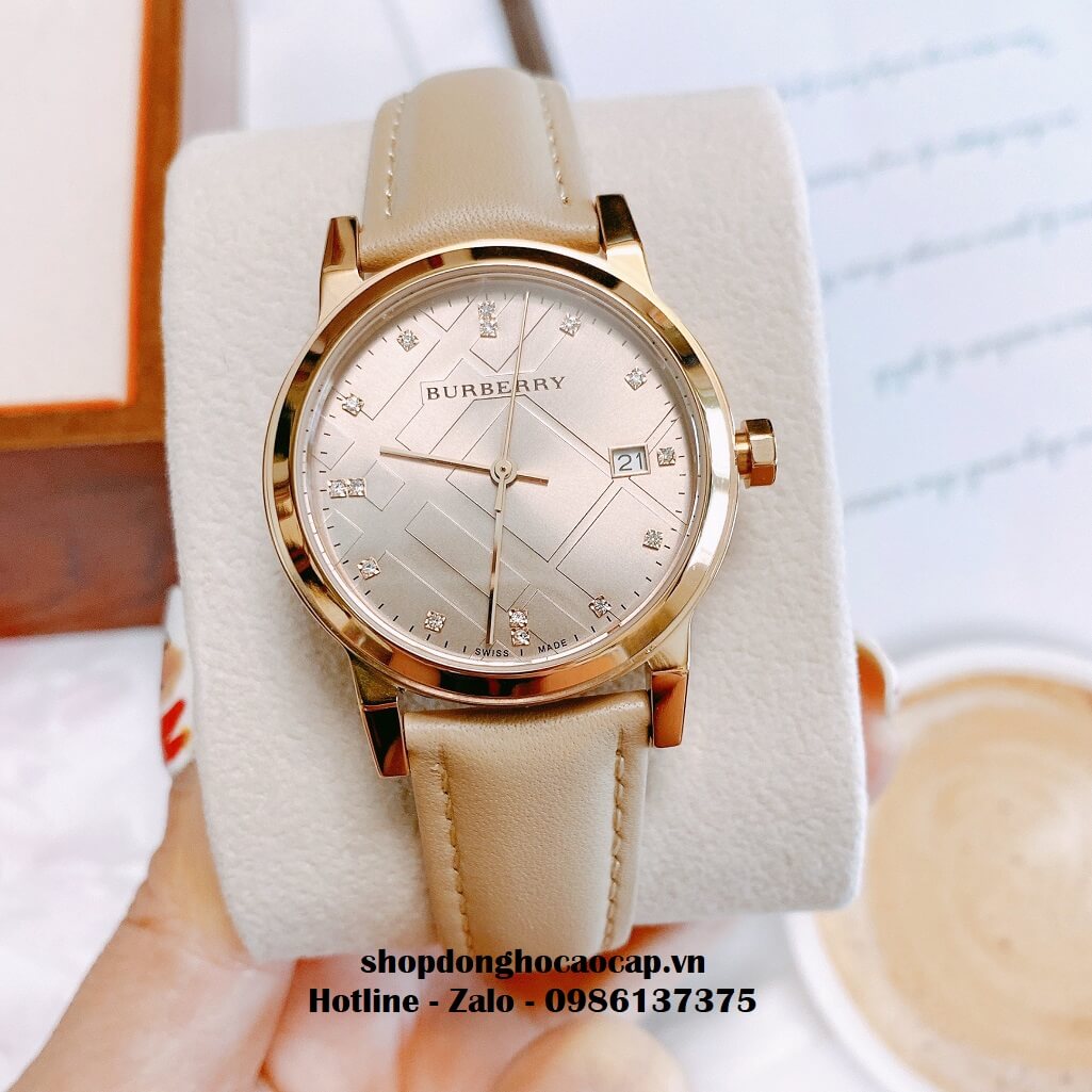 Đồng Hồ Burberry Nữ Dây Da Màu Nude Mặt Hột 34mm