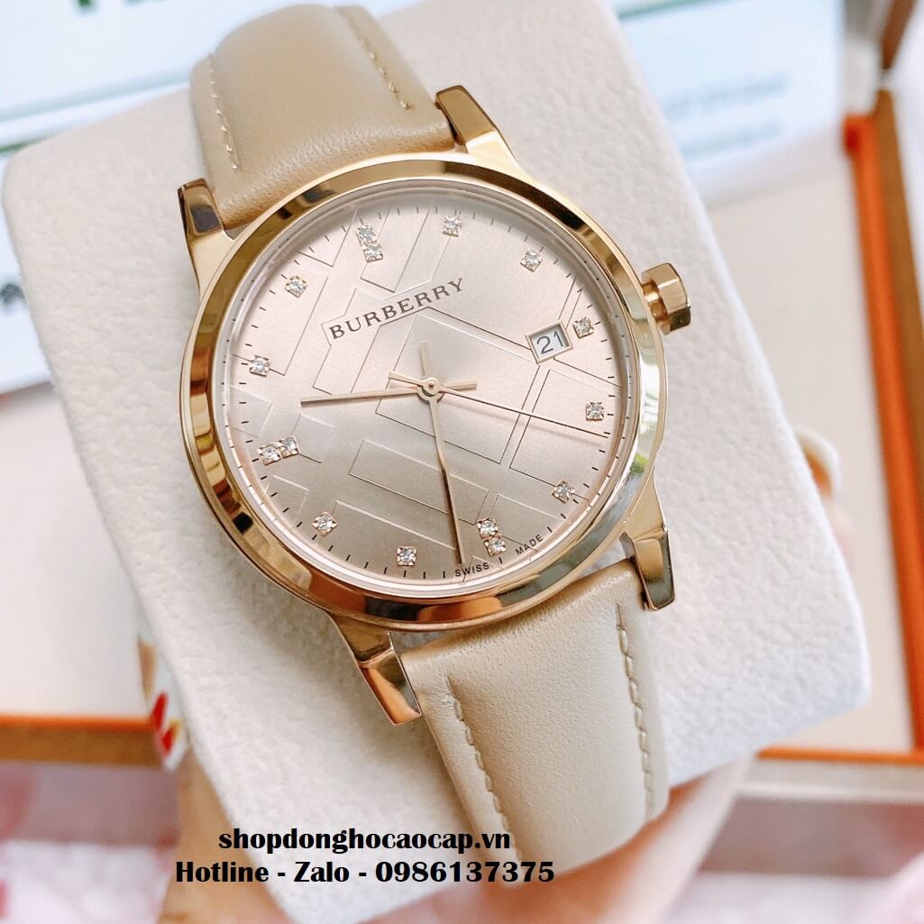 Đồng Hồ Burberry Nữ Dây Da Màu Nude Mặt Hột 34mm