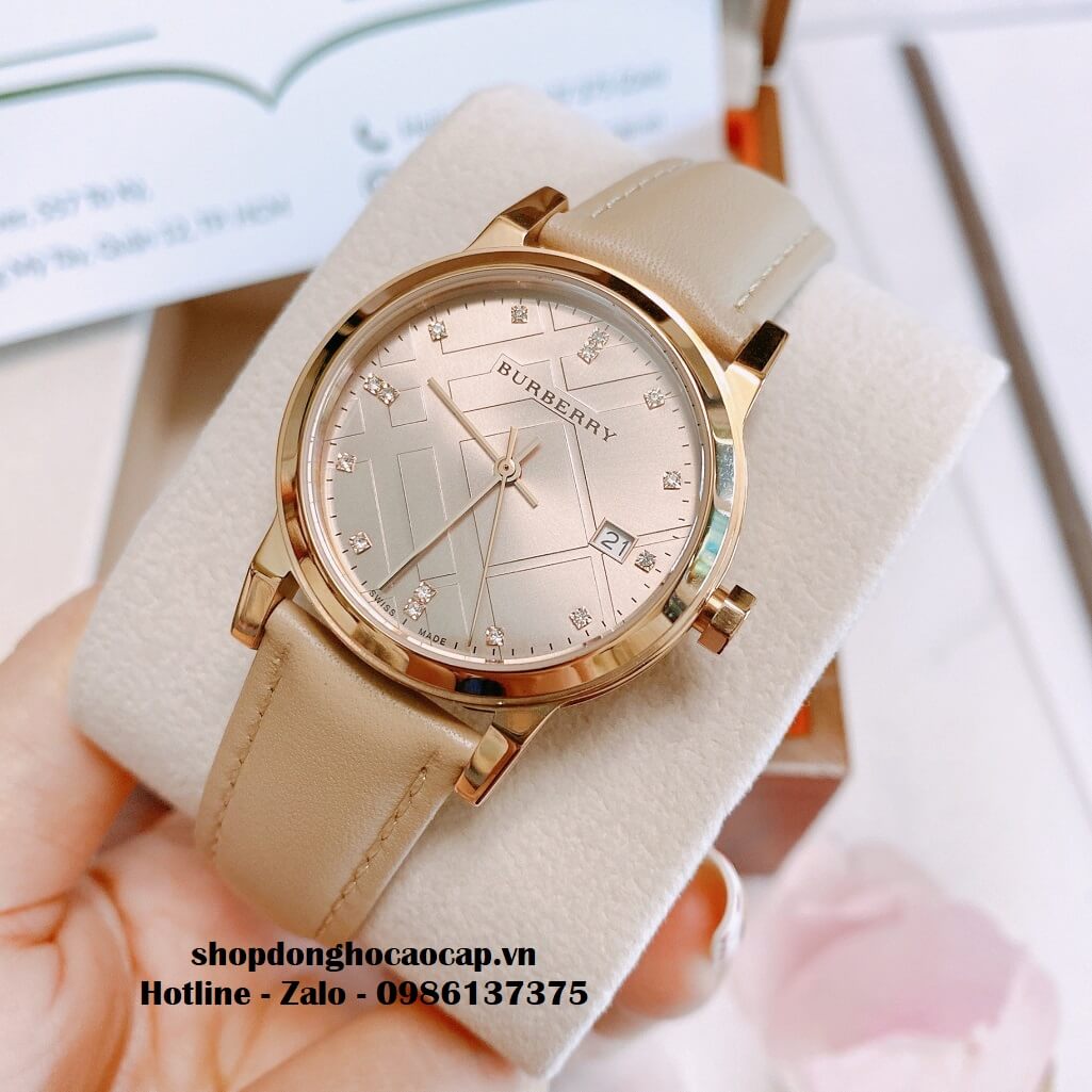 Đồng Hồ Burberry Nữ Dây Da Màu Nude Mặt Hột 34mm