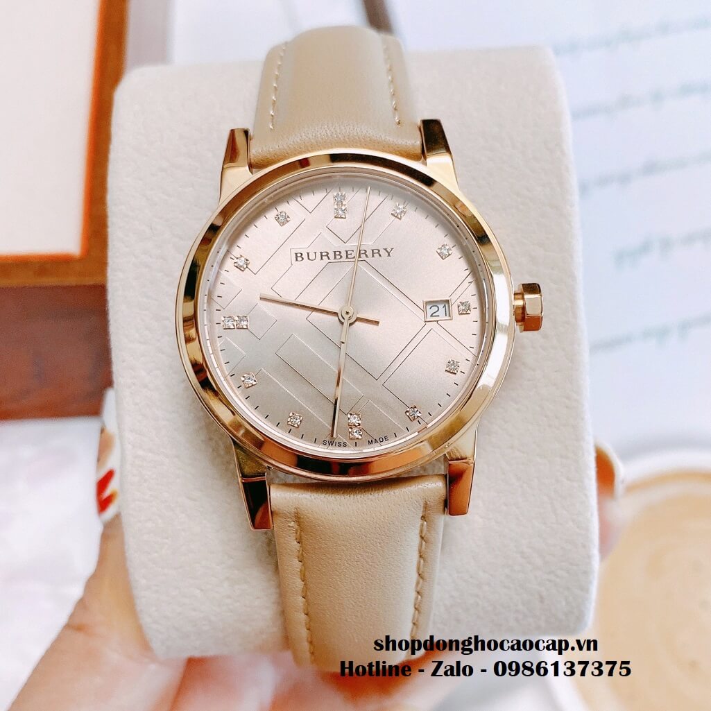 Đồng Hồ Burberry Nữ Dây Da Màu Nude Mặt Hột 34mm